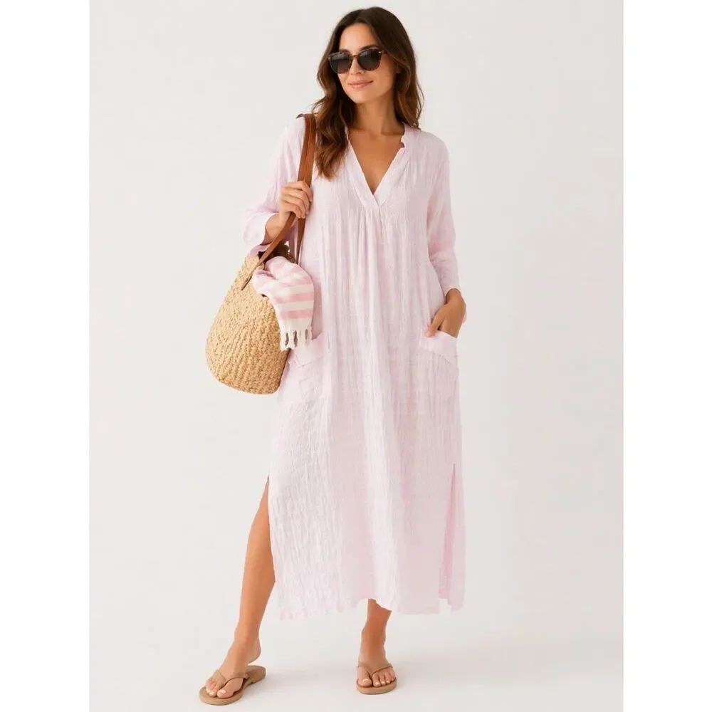 Tuckernuck Pomander Place Pink Caftan Dress L Cotton Pockets